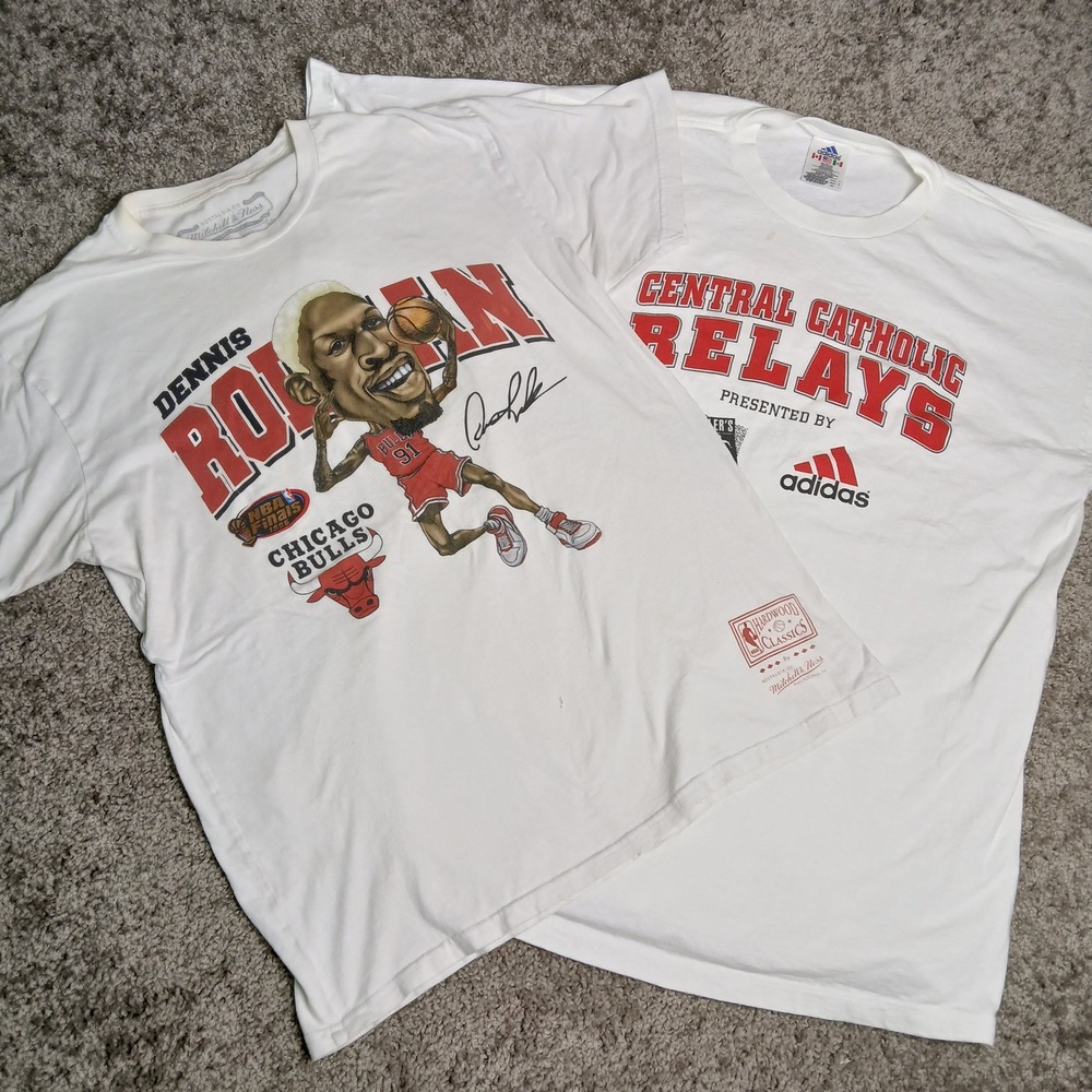 Lot of 2 Mens Mitchell & Ness Dennis Rodman Bulls & Adidas Relays T-Shirts White